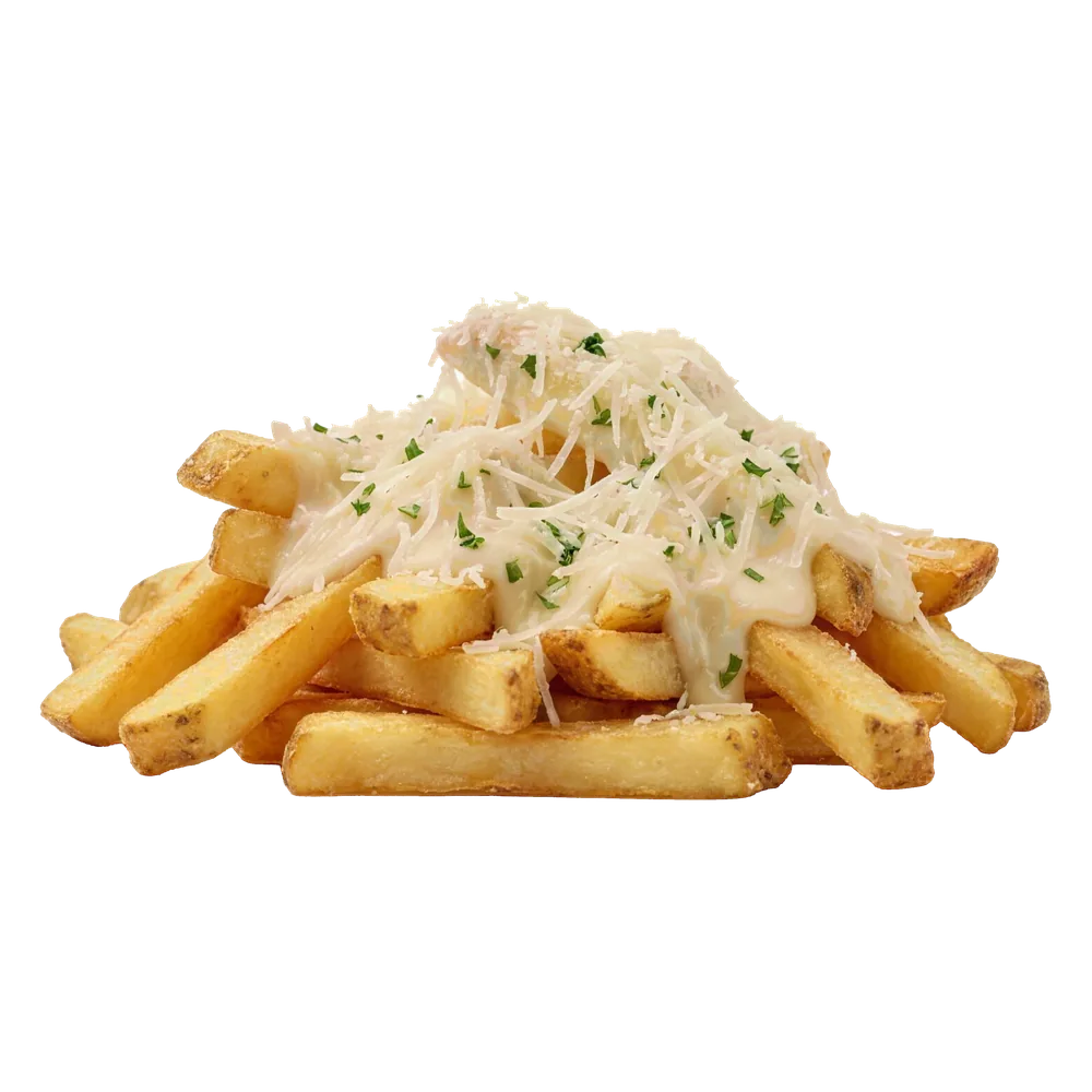 Alfredo Fries: Patatine con Alfredo Sauce, Parmigiano Reggiano DOP 24 mesi, prezzemolo.